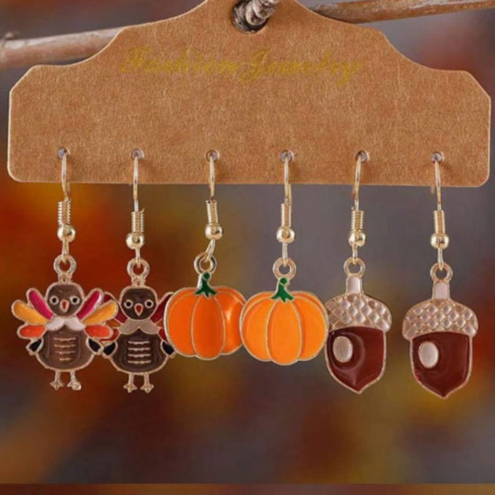 Autumn Themed Trio Pumpkin, Thanksgiving and Acorn Earrings Set